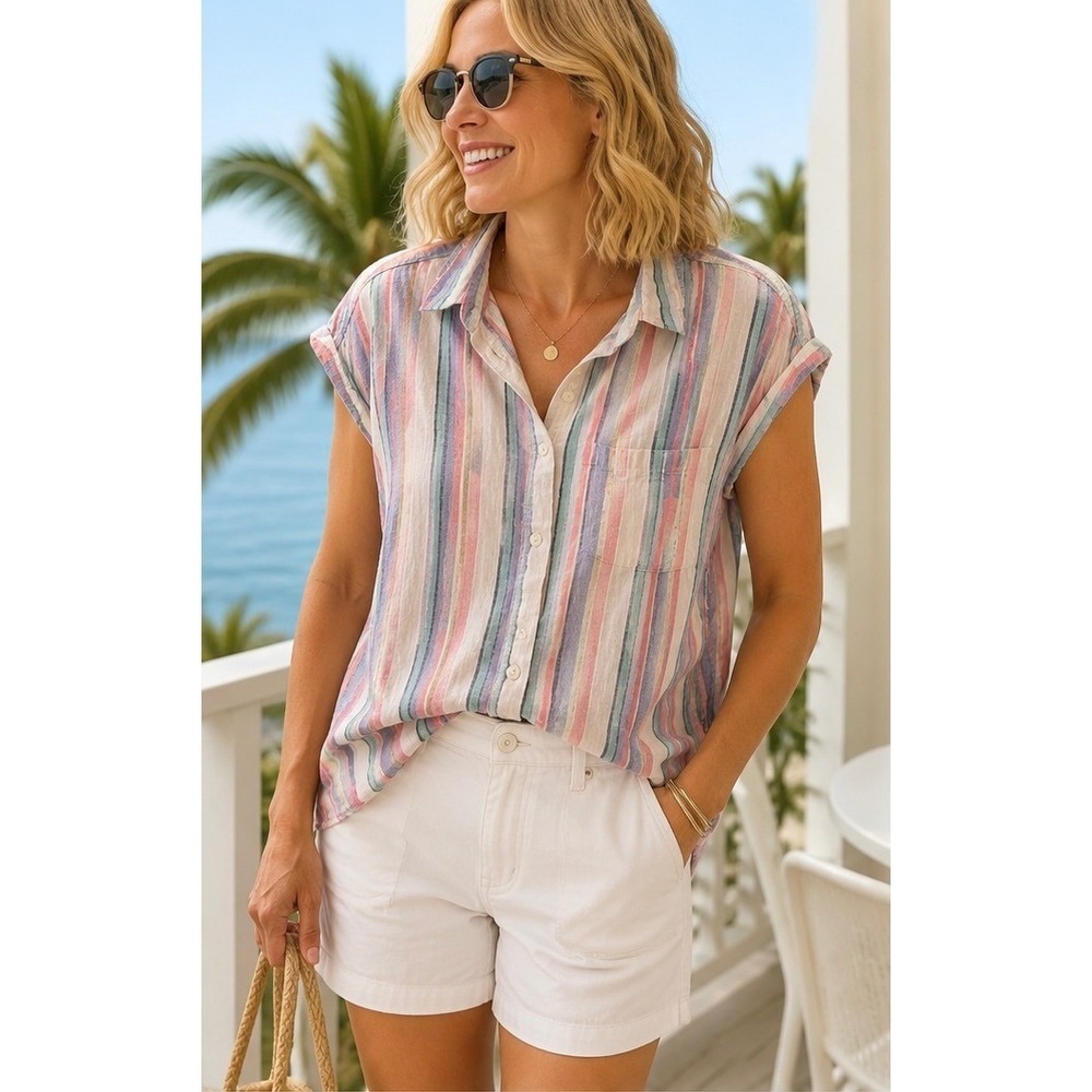 Orvis Button Down CampShirt XL Pink Striped Linen Blend Coastal Top